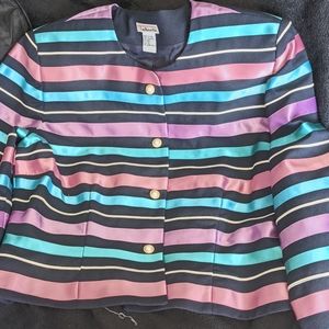 Talbots Polyester Teal, Pink, Purple and Navy Ribbon Striped Short Blazer